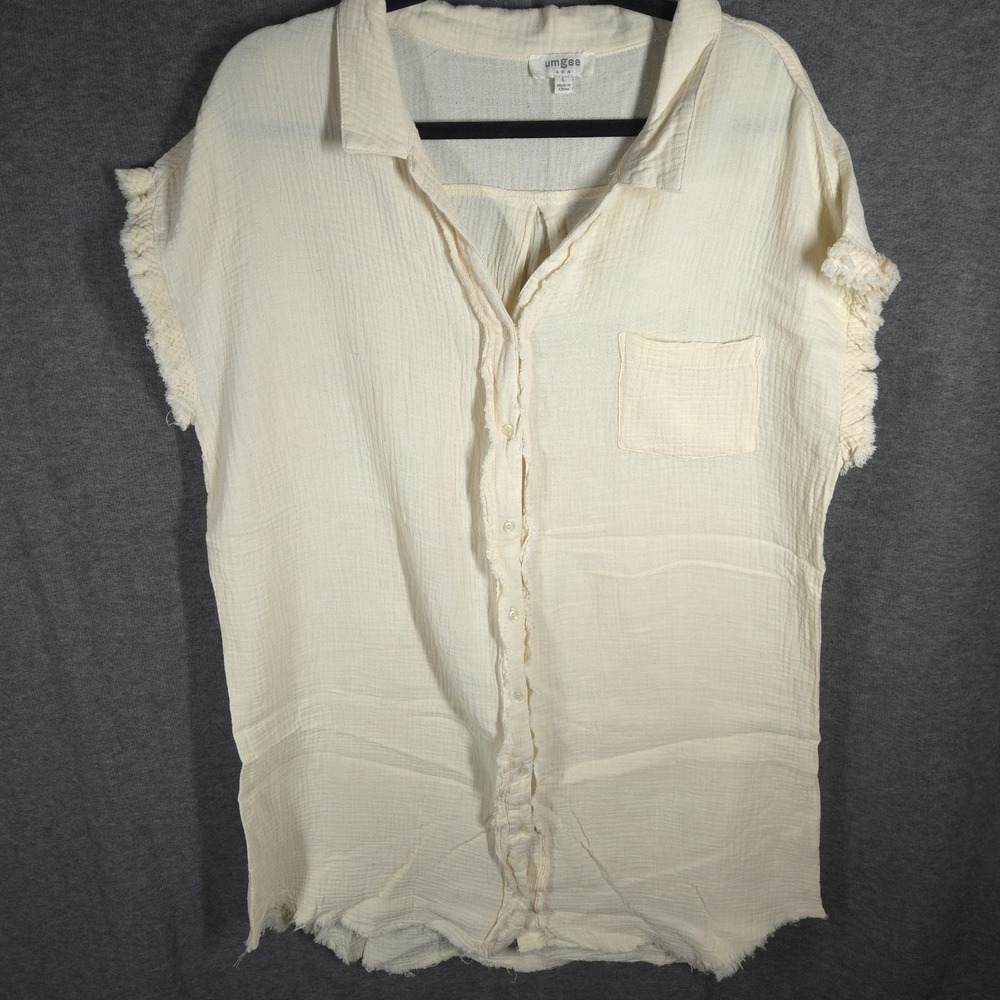Umgee Womens Large Gauze Cotton Shirt Dress Cream Frayed Boho